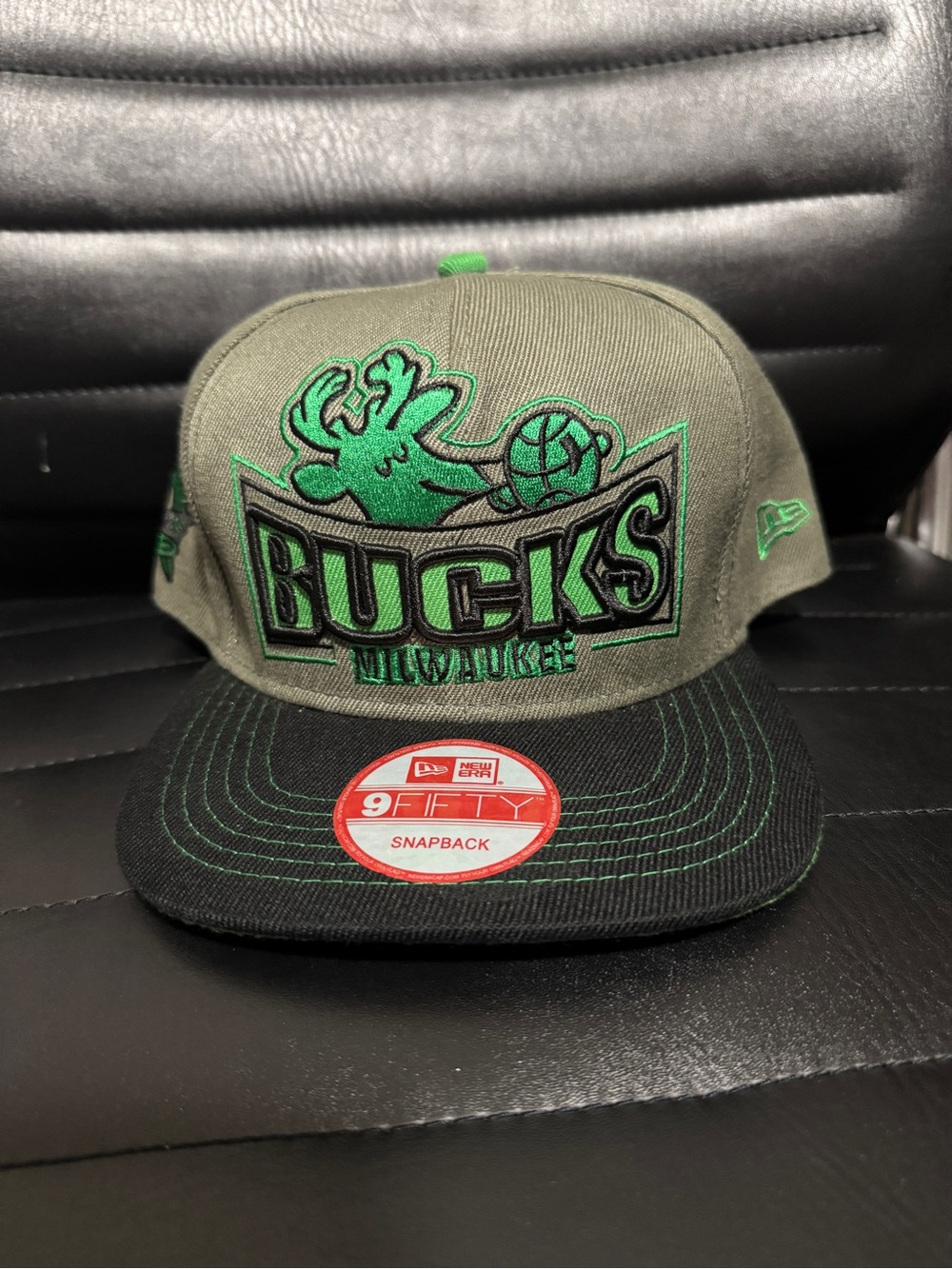 New Era Milwaukee Bucks Snapback Hat - Olive & Black with Green Logo